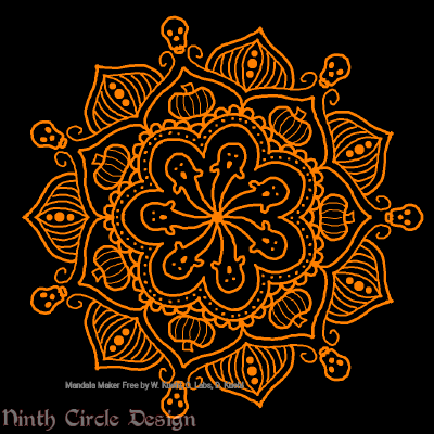 [Image description: black background, a mandala in orange outlines with 7-fold symmetry, including ghosts, pumpkins, & skulls.]